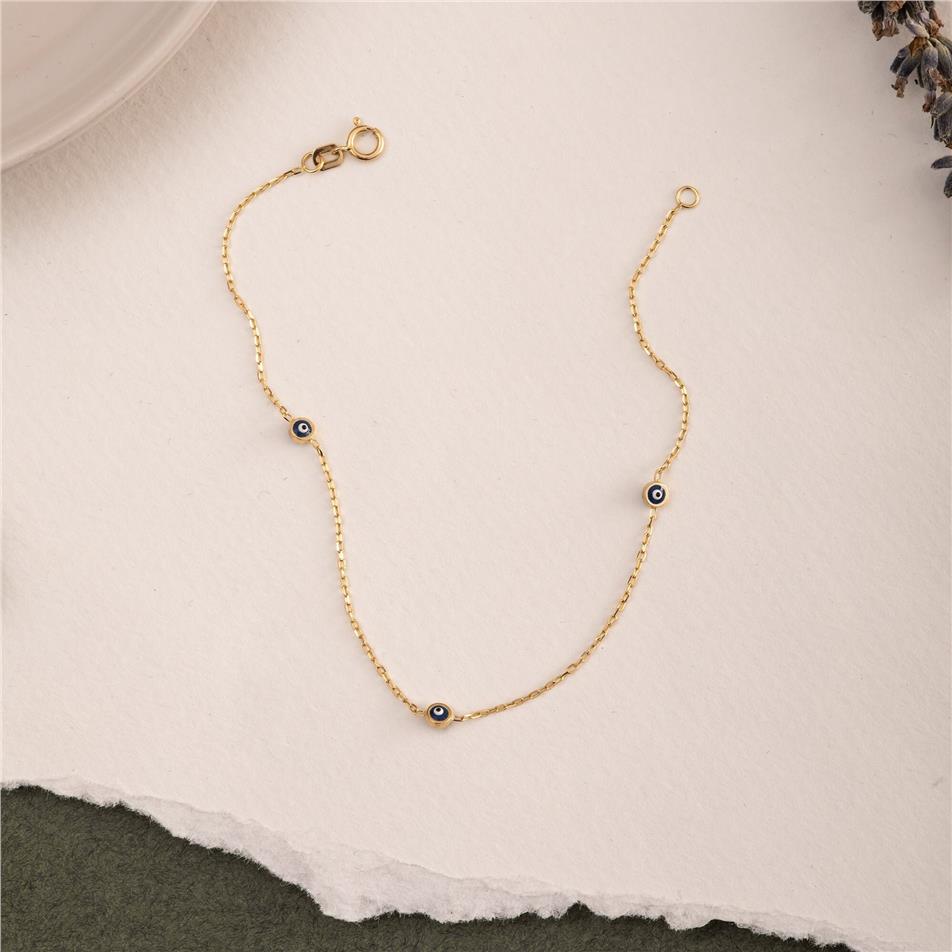 Solid Gold Evil Eye Station Bracelet
