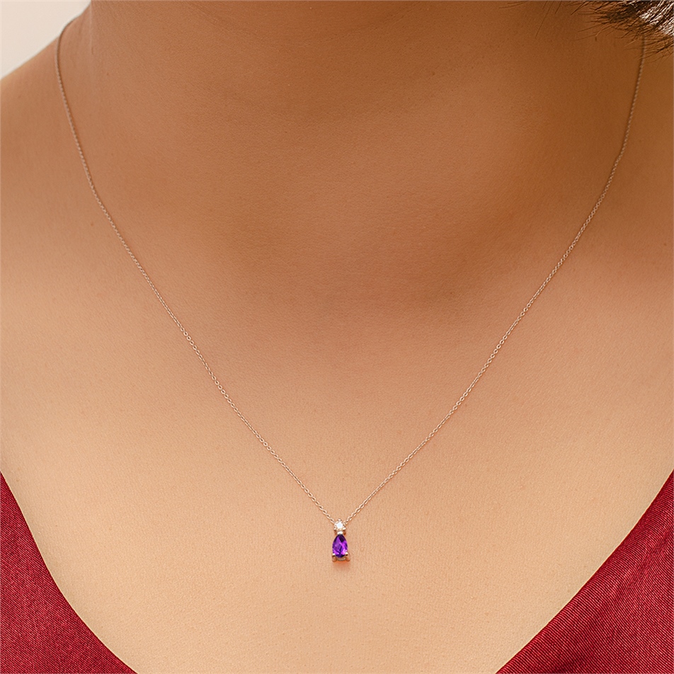 Solid Gold 0.04 ct. Diamond Amethyst Necklace
