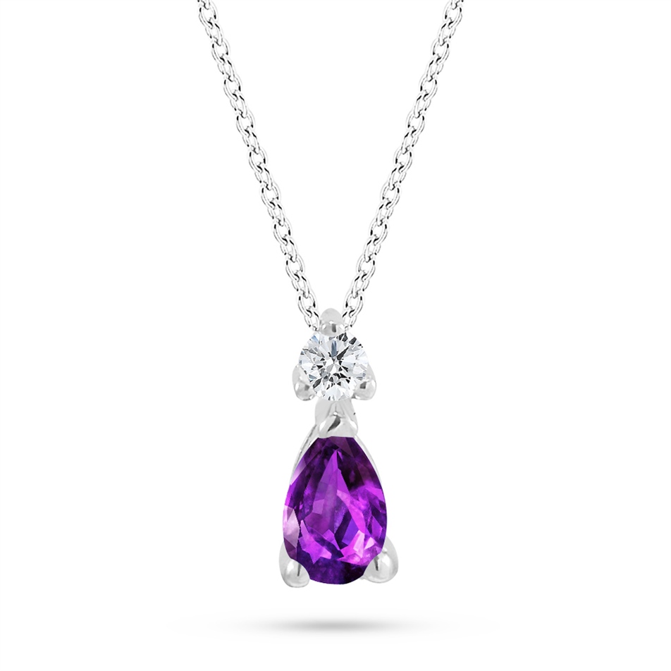Solid Gold 0.04 ct. Diamond Amethyst Necklace