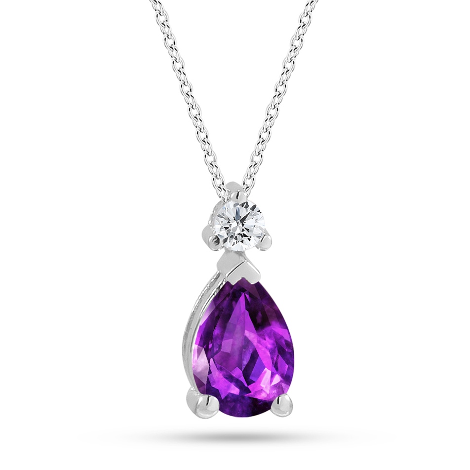 Solid Gold 0.05 ct. Diamond Amethyst Necklace