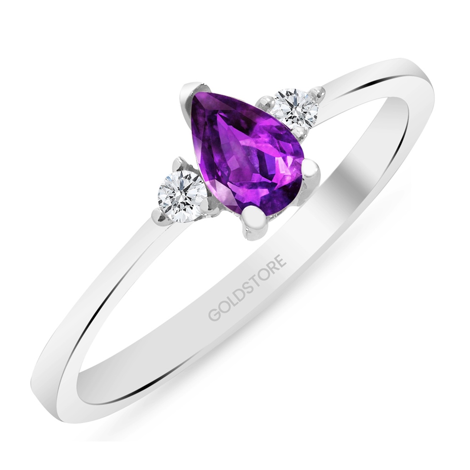 Solid Gold 0.1 ct Diamond Amethyst Fancy Ring