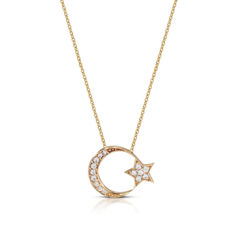 Solid Gold Fancy Crescent and Star Necklace