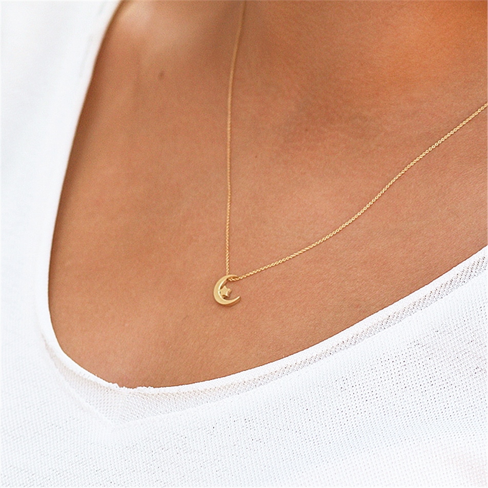 Solid Gold Crescent and Star Necklace