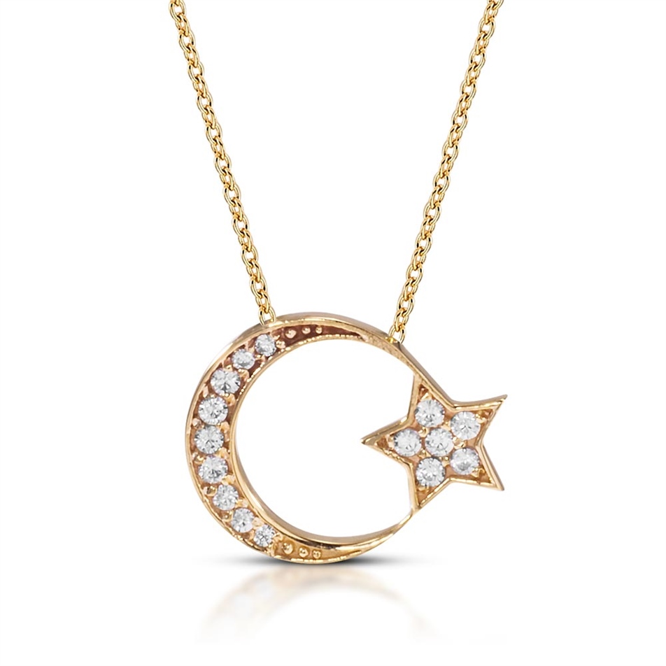 Solid Gold Fancy Crescent and Star Necklace