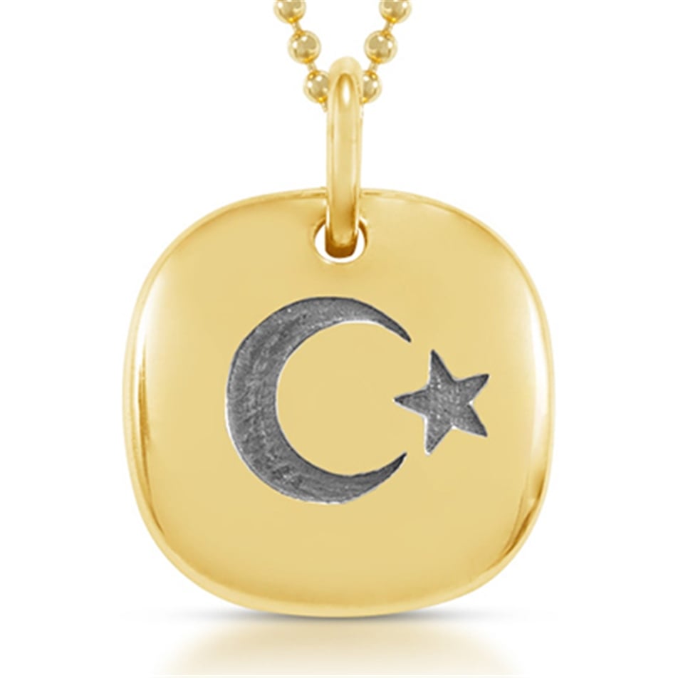 Solid Gold Crescent and Star Button Necklace