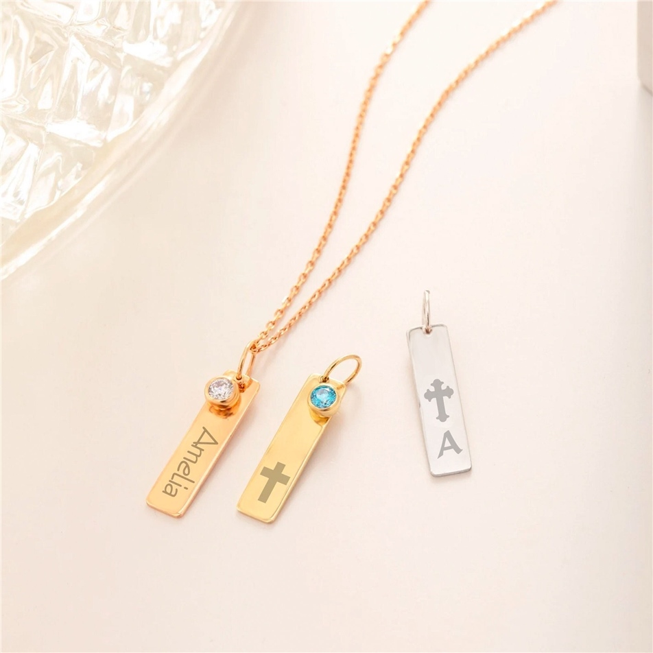Solid Gold Birthstone Bar Tag Pendant