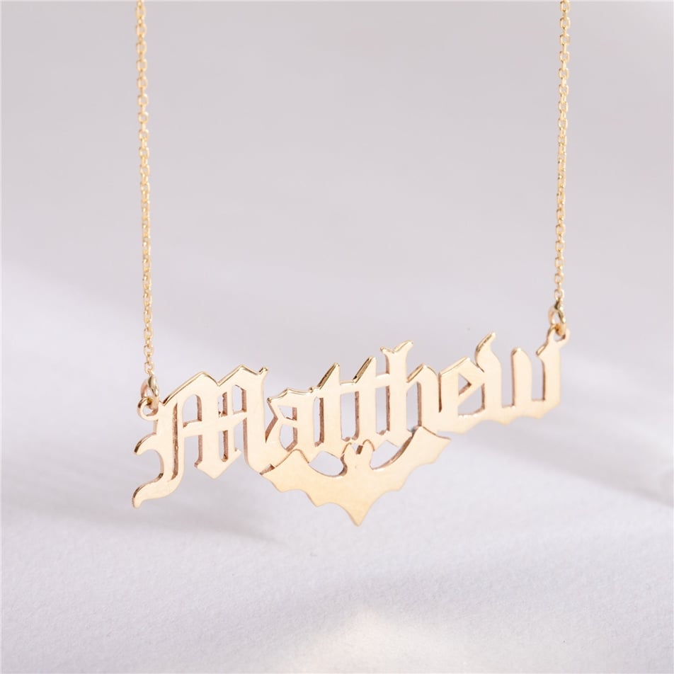 Solid Gold Bat Name Necklace