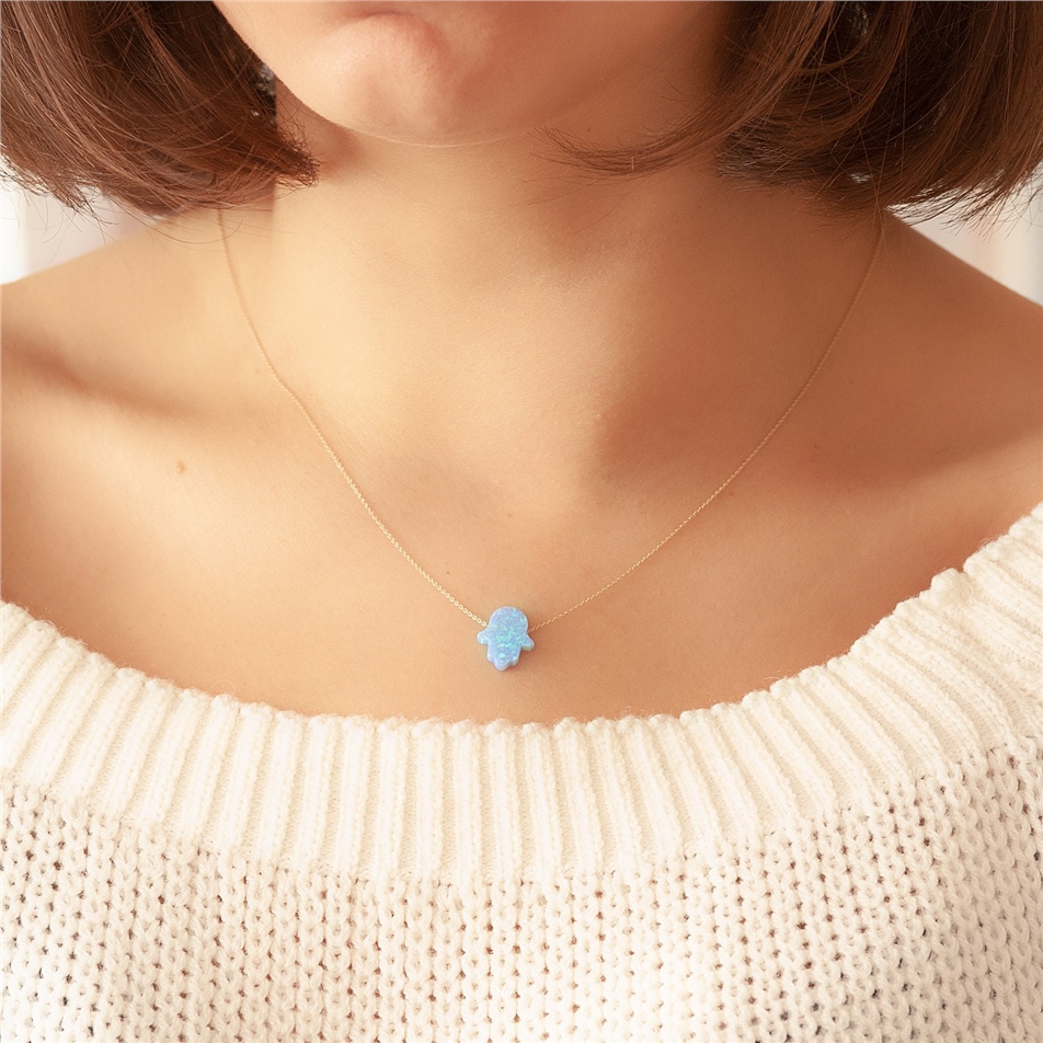 Solid Gold Blue Opal Hamsa Necklace