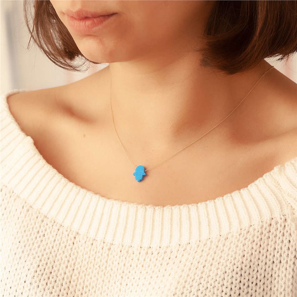 Solid Gold Blue Opal Hamsa Necklace