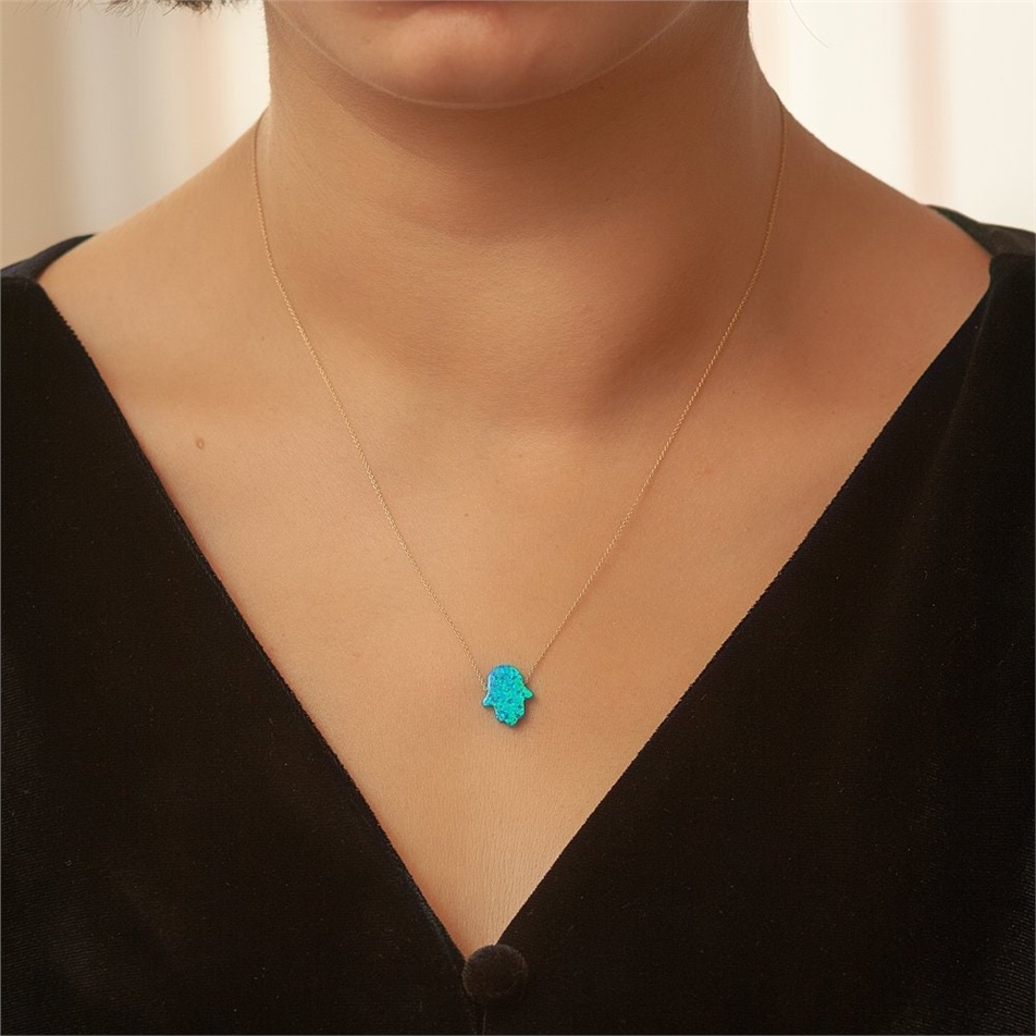 Solid Gold Blue Opal Hamsa Necklace