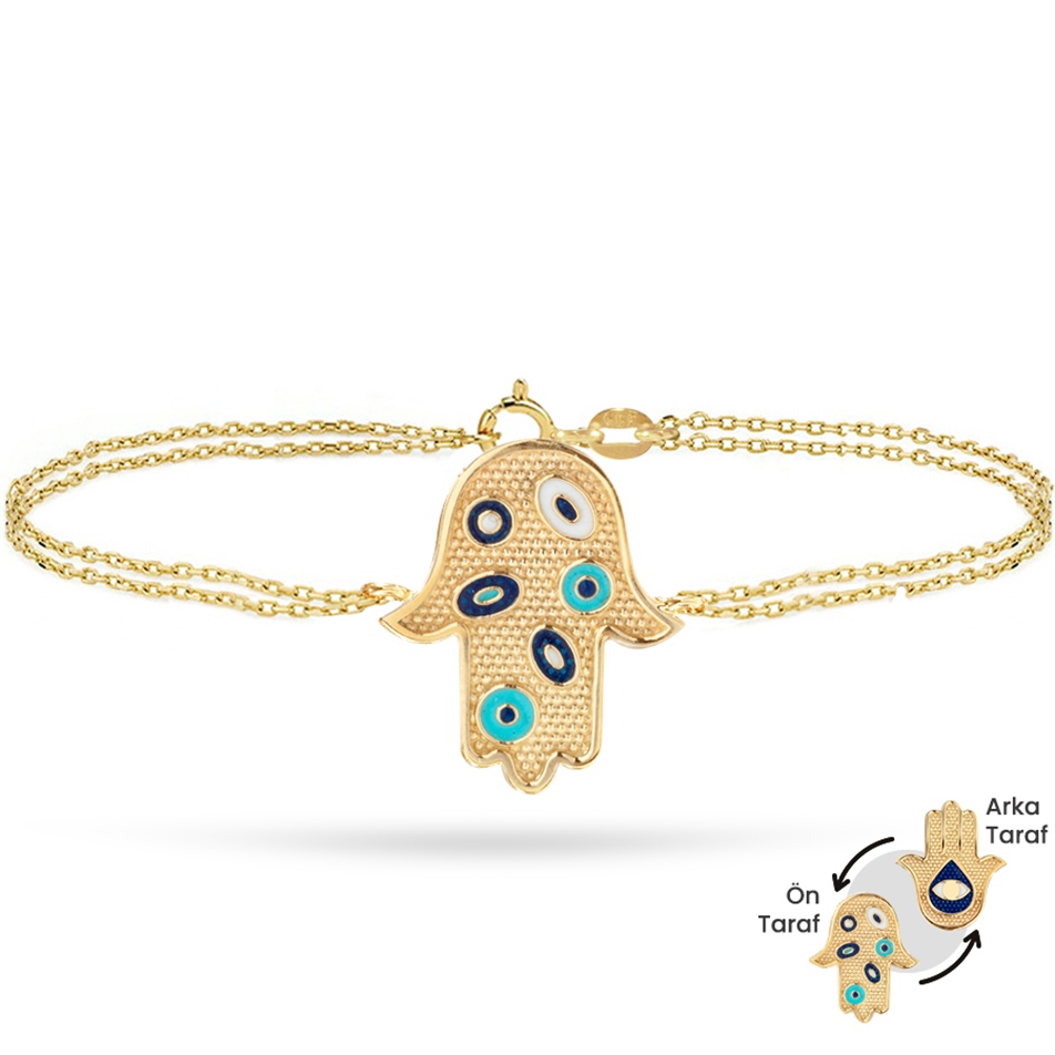 Solid Gold Enamel Evil Eye, Hamsa Bracelet