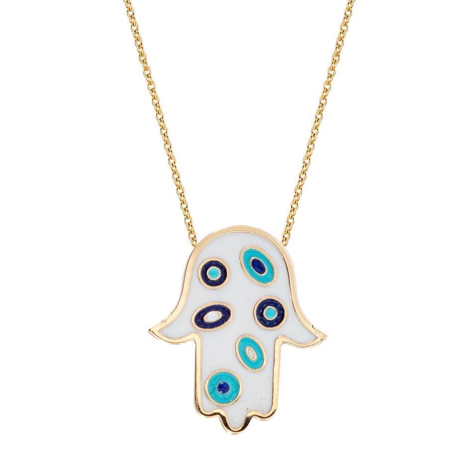 Solid Gold Enamel Evil Eye, Hamsa Necklace