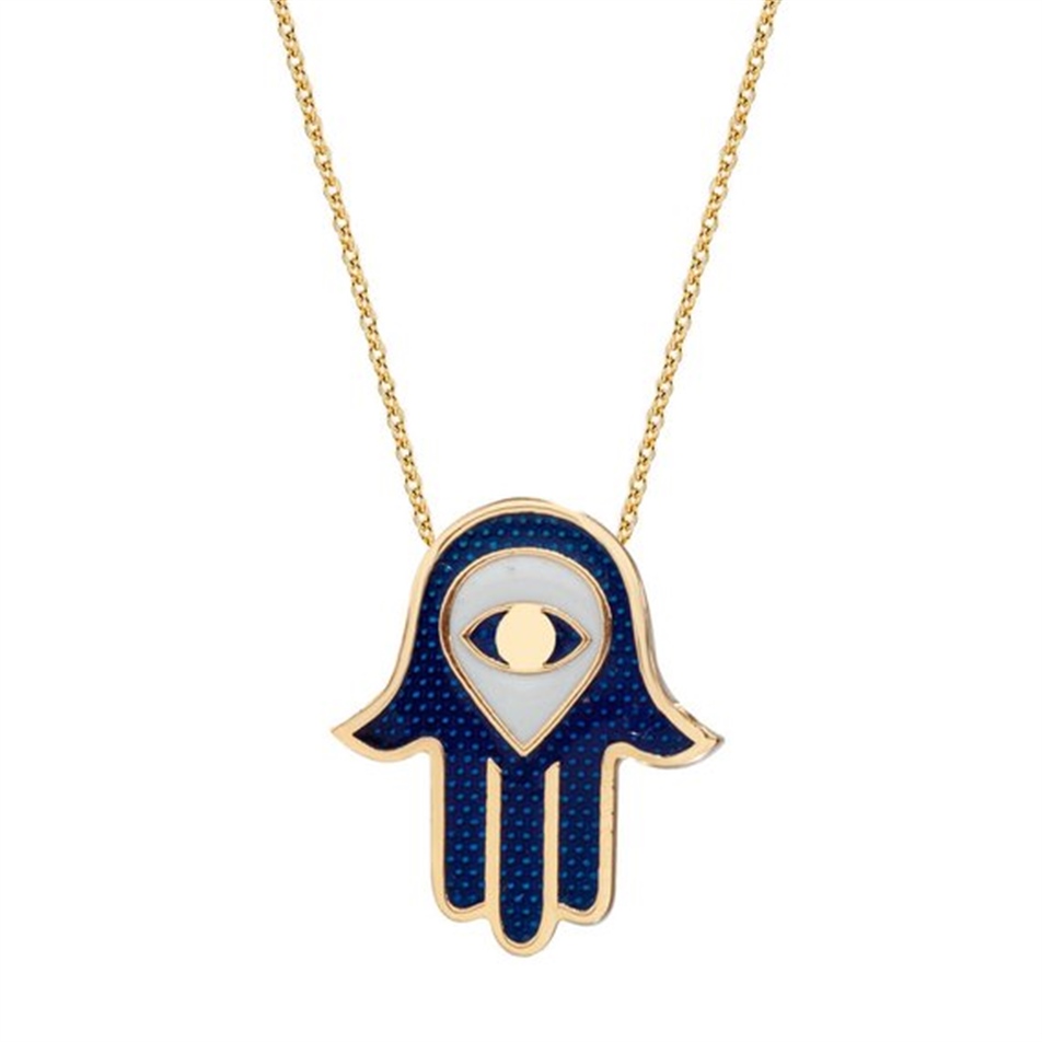 Solid Gold Enamel Evil Eye, Hamsa Necklace
