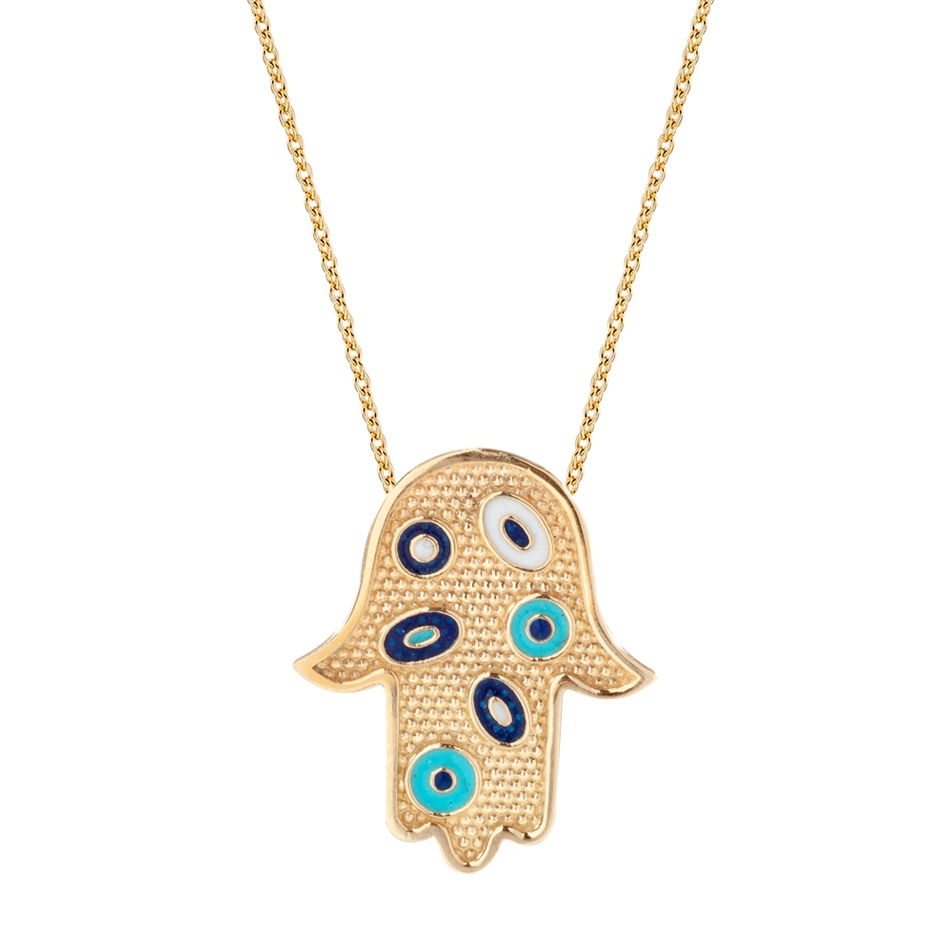 Solid Gold Enamel Evil Eye, Hamsa Necklace