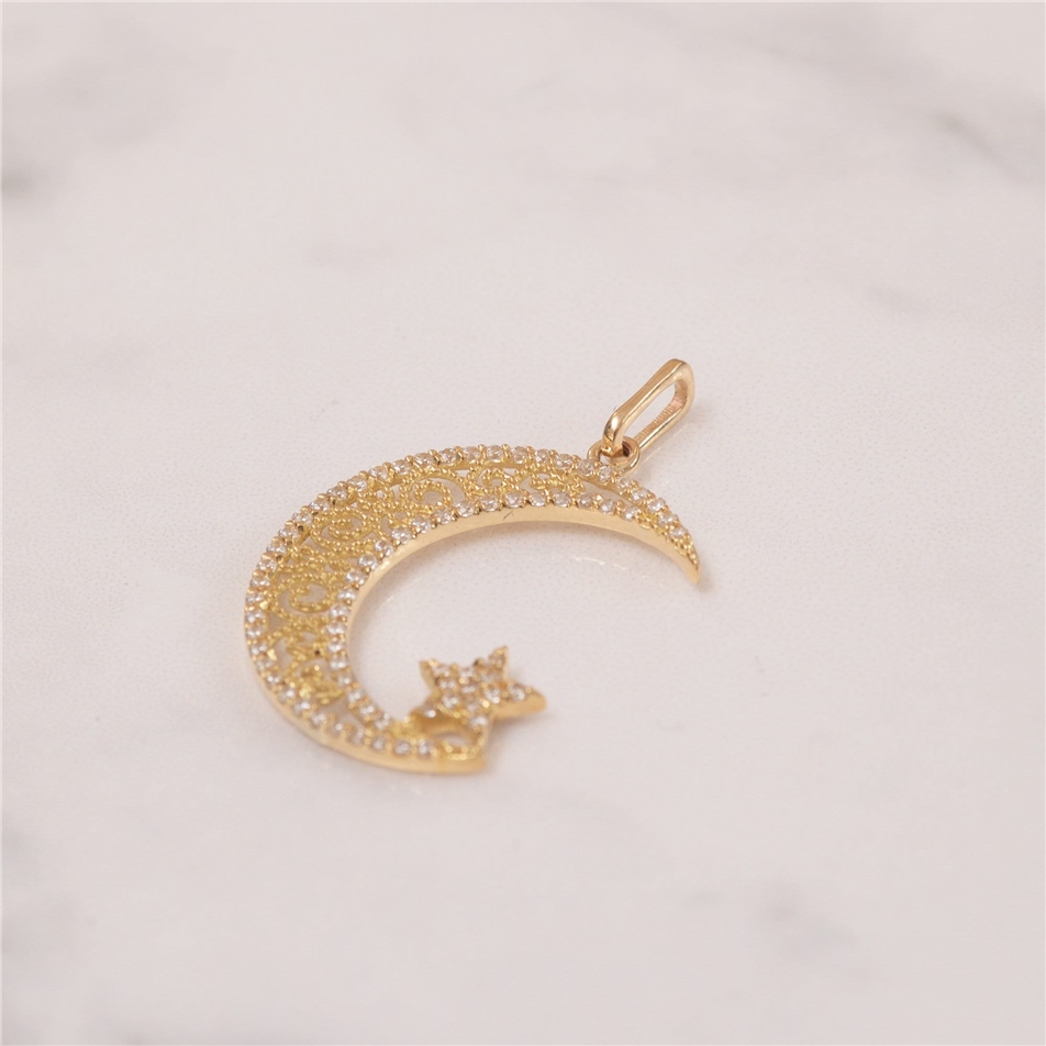 Solid Gold Crescent Moon and Star Necklace