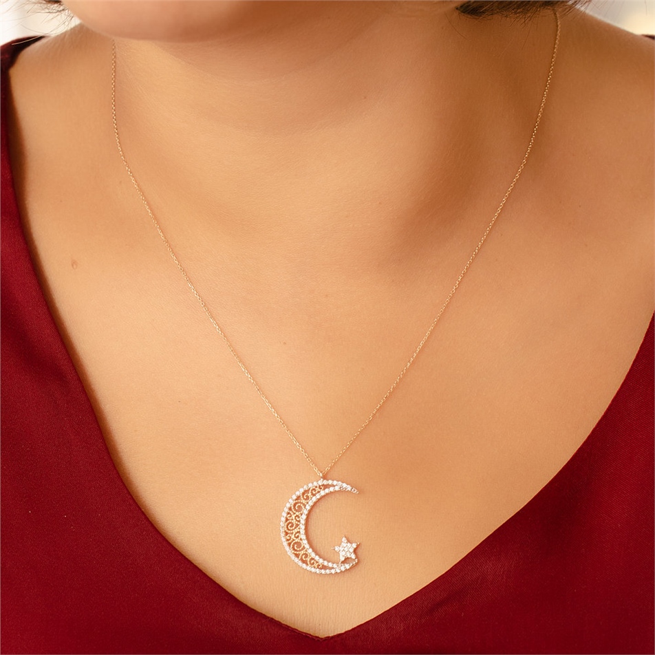 Solid Gold Crescent Moon and Star Necklace