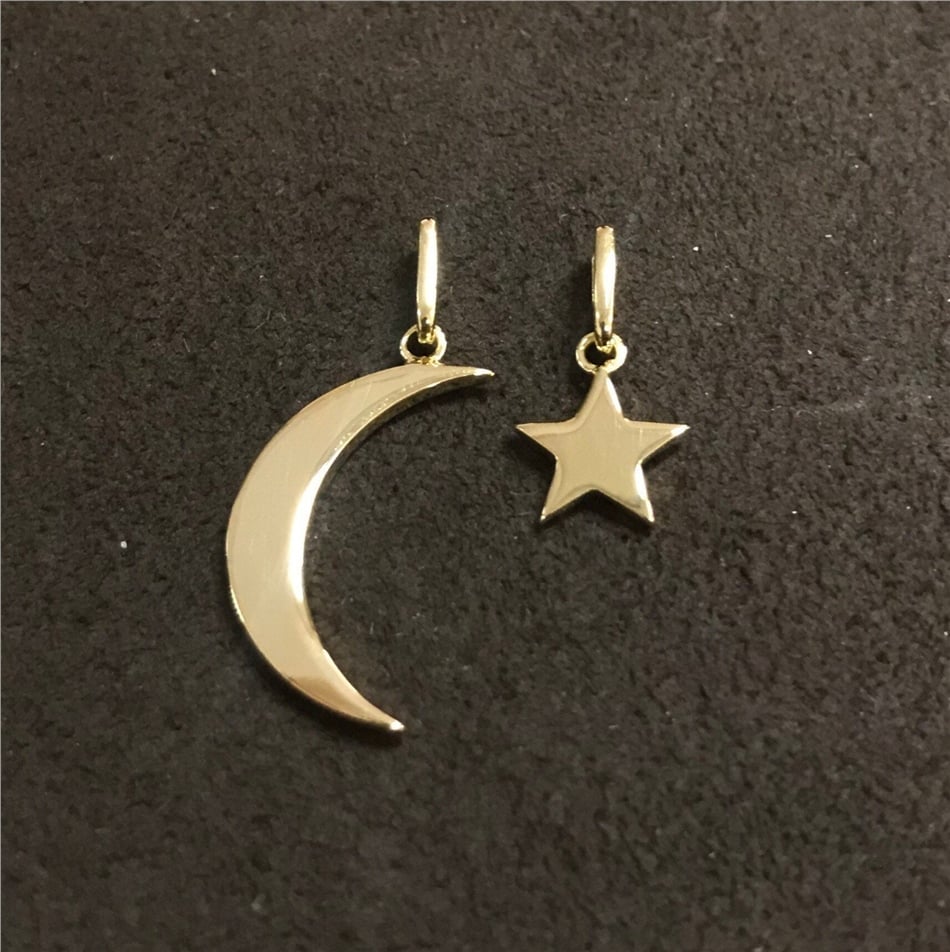 Solid Gold Crescent Moon and Star Pendant