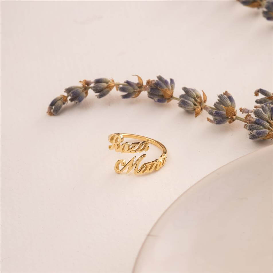 Solid Gold Duo Name Ring