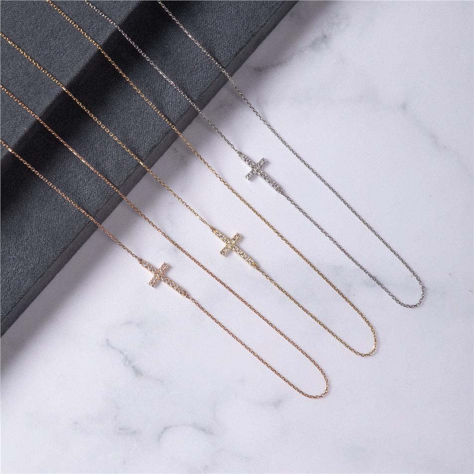Solid Gold Diamond Sideways Cross Necklace