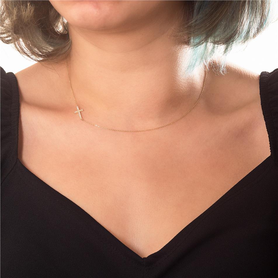 Solid Gold Diamond Sideways Cross Necklace