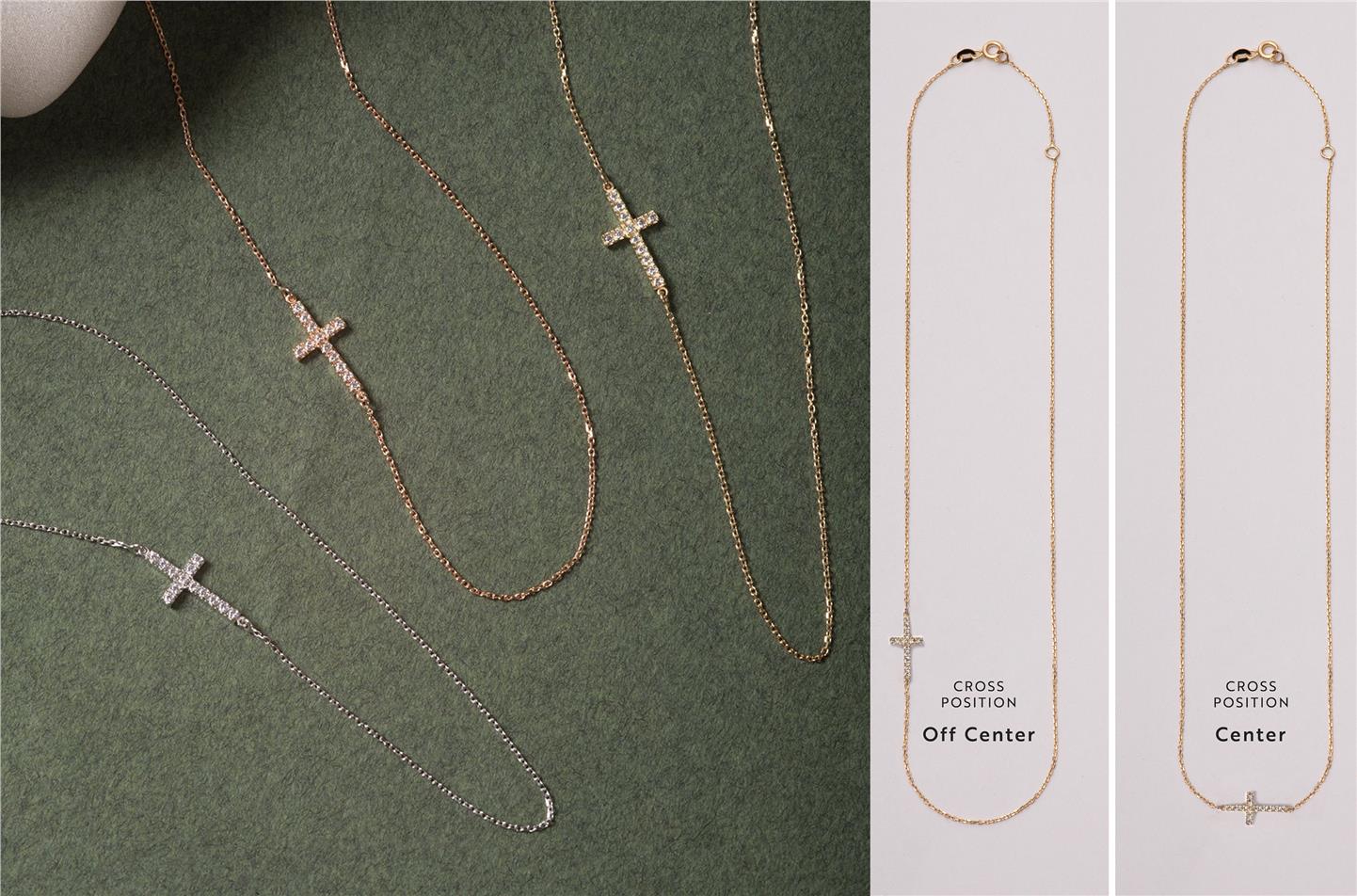 Solid Gold Diamond Sideways Cross Necklace