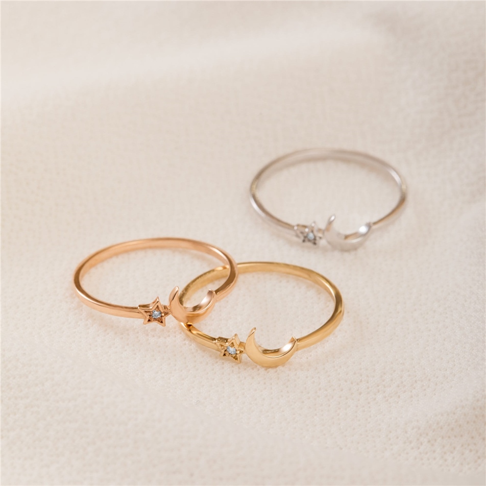 Solid Gold Diamond Crescent Moon Star Ring