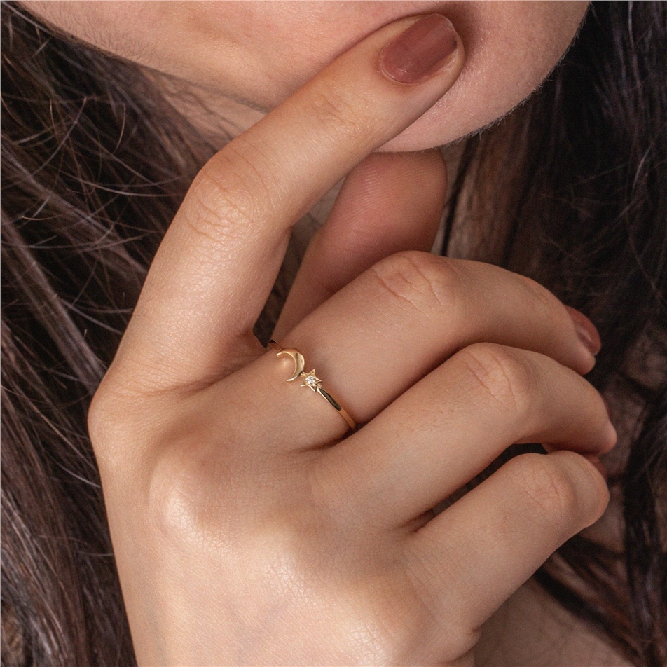 Solid Gold Diamond Crescent Moon Star Ring