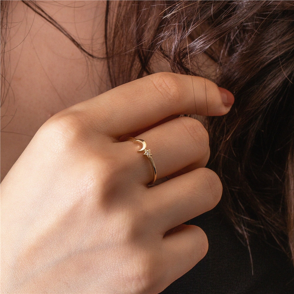 Solid Gold Diamond Crescent Moon Star Ring