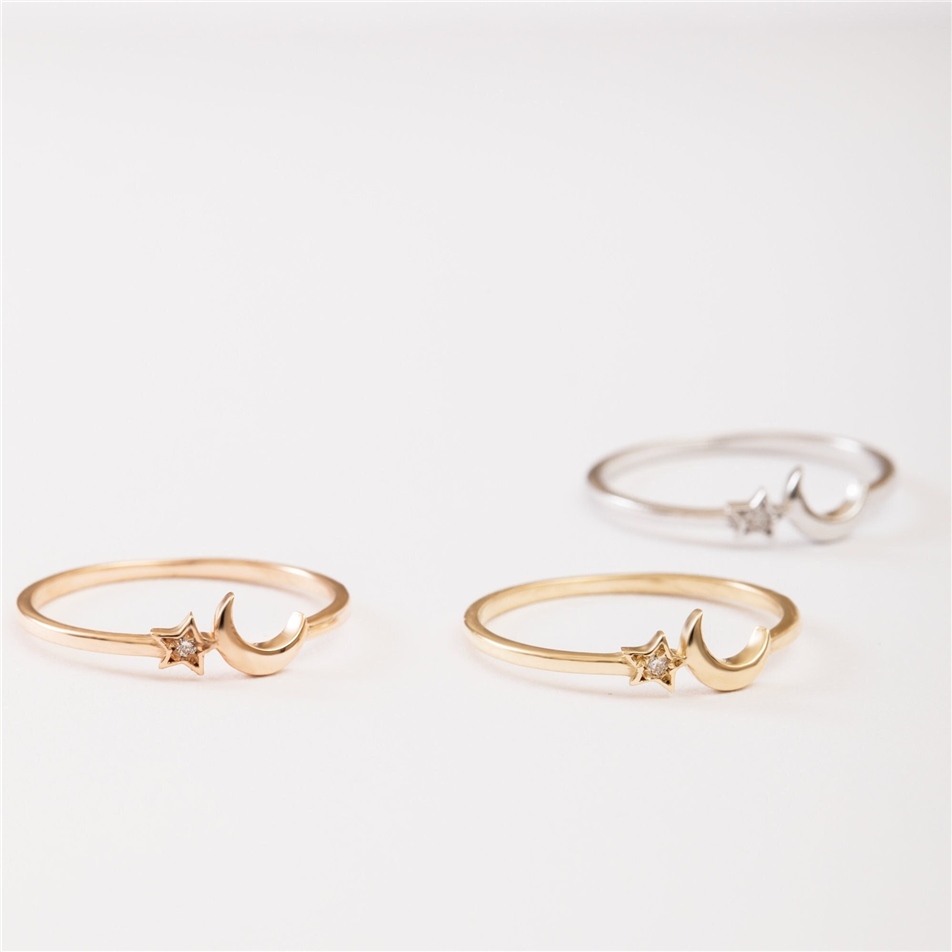 Solid Gold Diamond Crescent Moon Star Ring