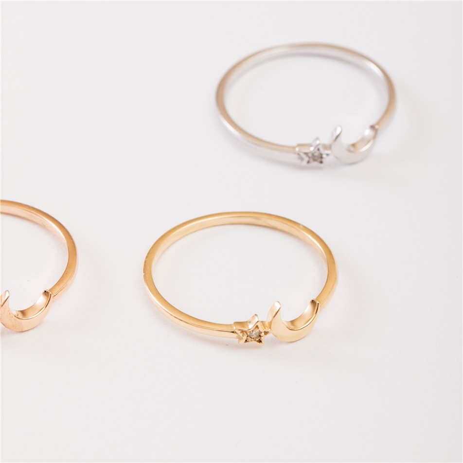 Solid Gold Diamond Crescent Moon Star Ring