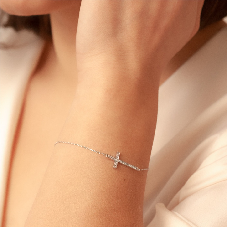 Solid Gold Diamond Sideways Cross Bracelet