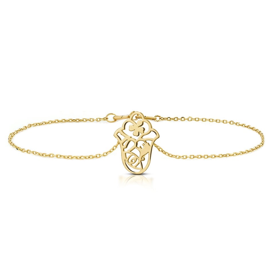 Solid Gold Clover, Hamsa, Elephant Bracelet