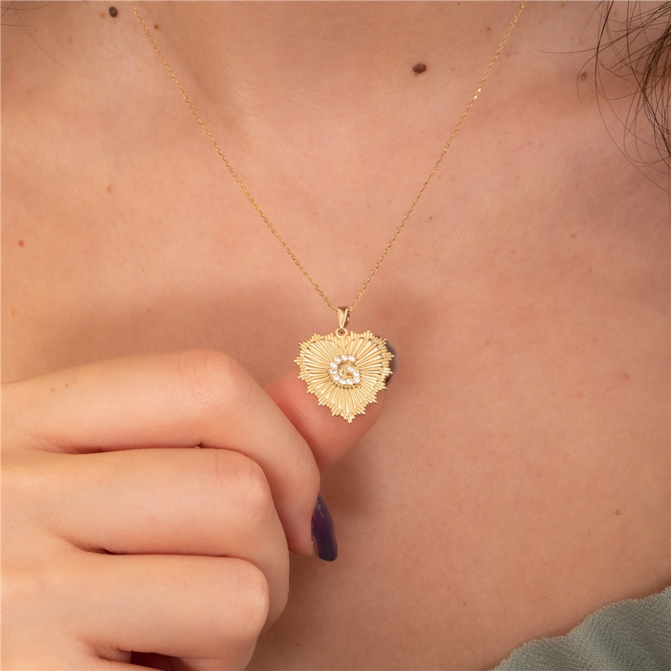 Solid Gold Fluted Frame Heart Medalion Initial Pendant