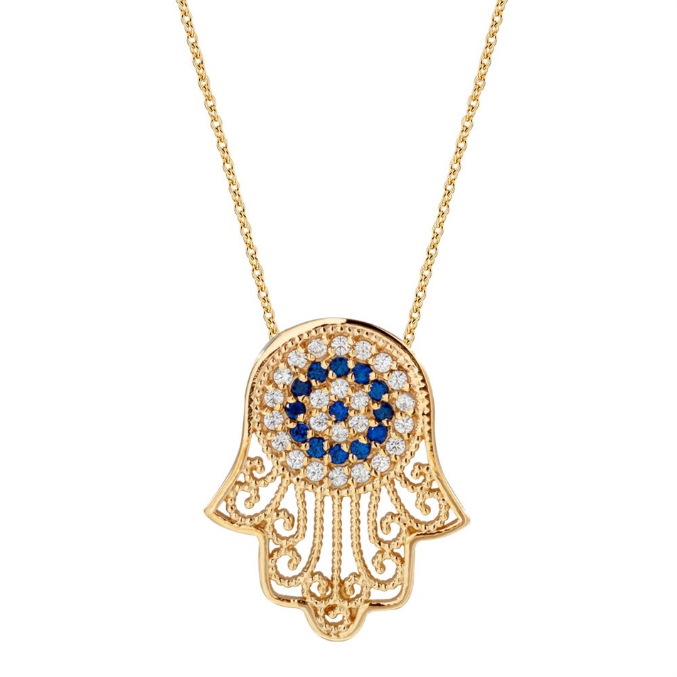 Solid Gold Hamsa Evil Eye Necklace