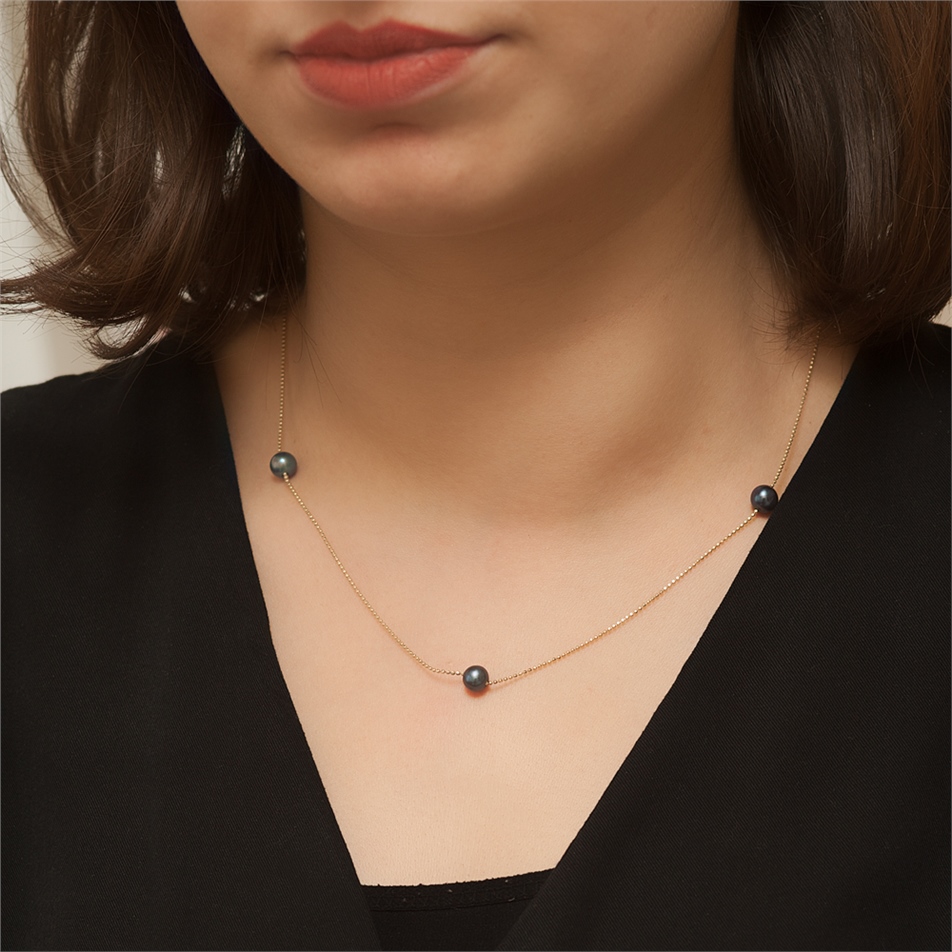 Solid Gold Black Pearl String Necklace