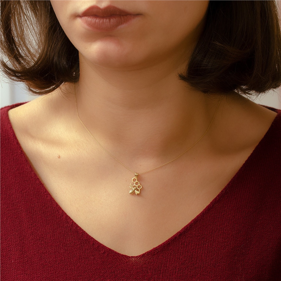 Solid Gold Bee and Honeycomb Necklace