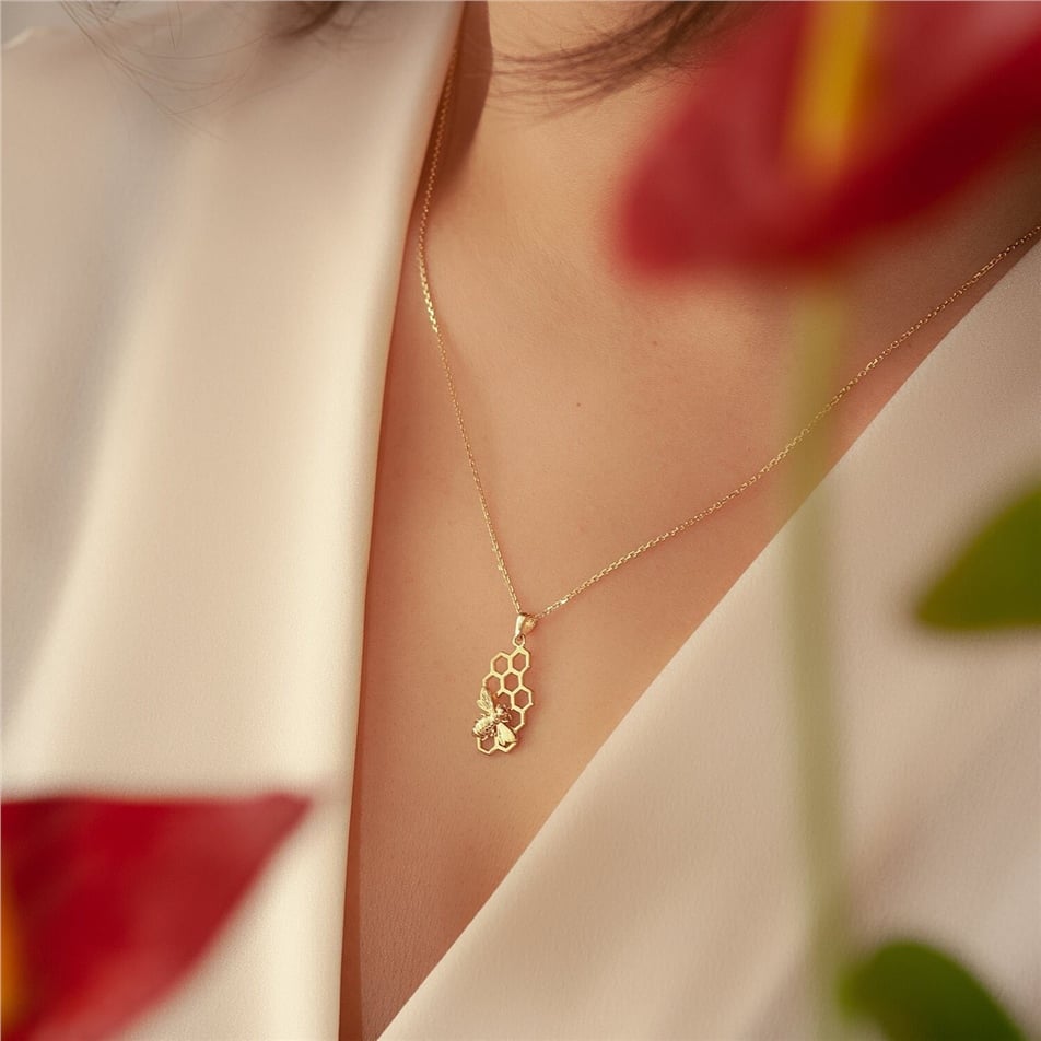 Solid Gold Honeycomb and Bee Necklace
