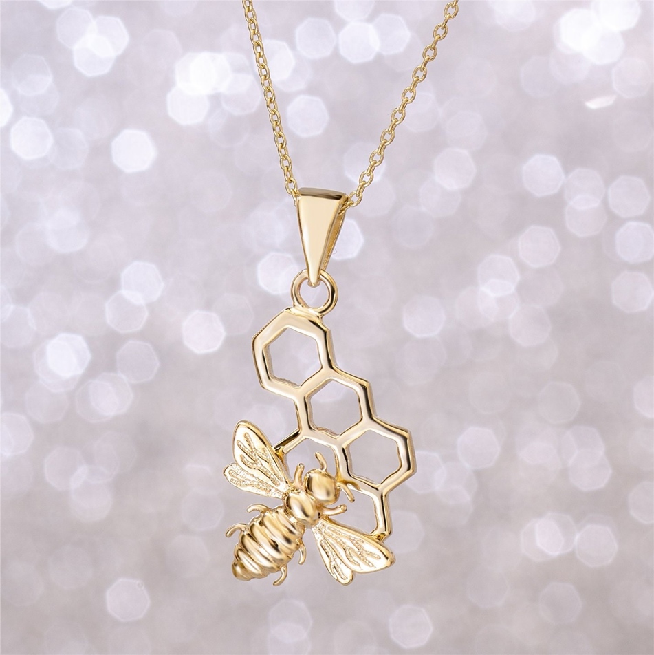 Solid Gold Bee and Honeycomb Necklace