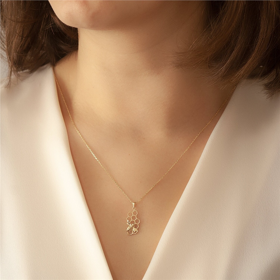 Solid Gold Honeycomb and Bee Necklace