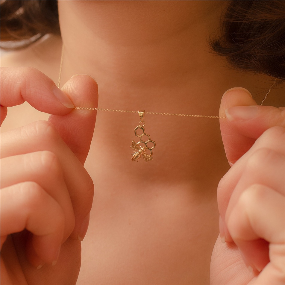 Solid Gold Bee and Honeycomb Necklace