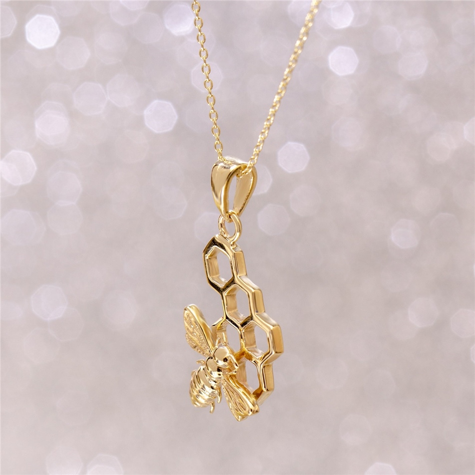 Solid Gold Bee and Honeycomb Necklace