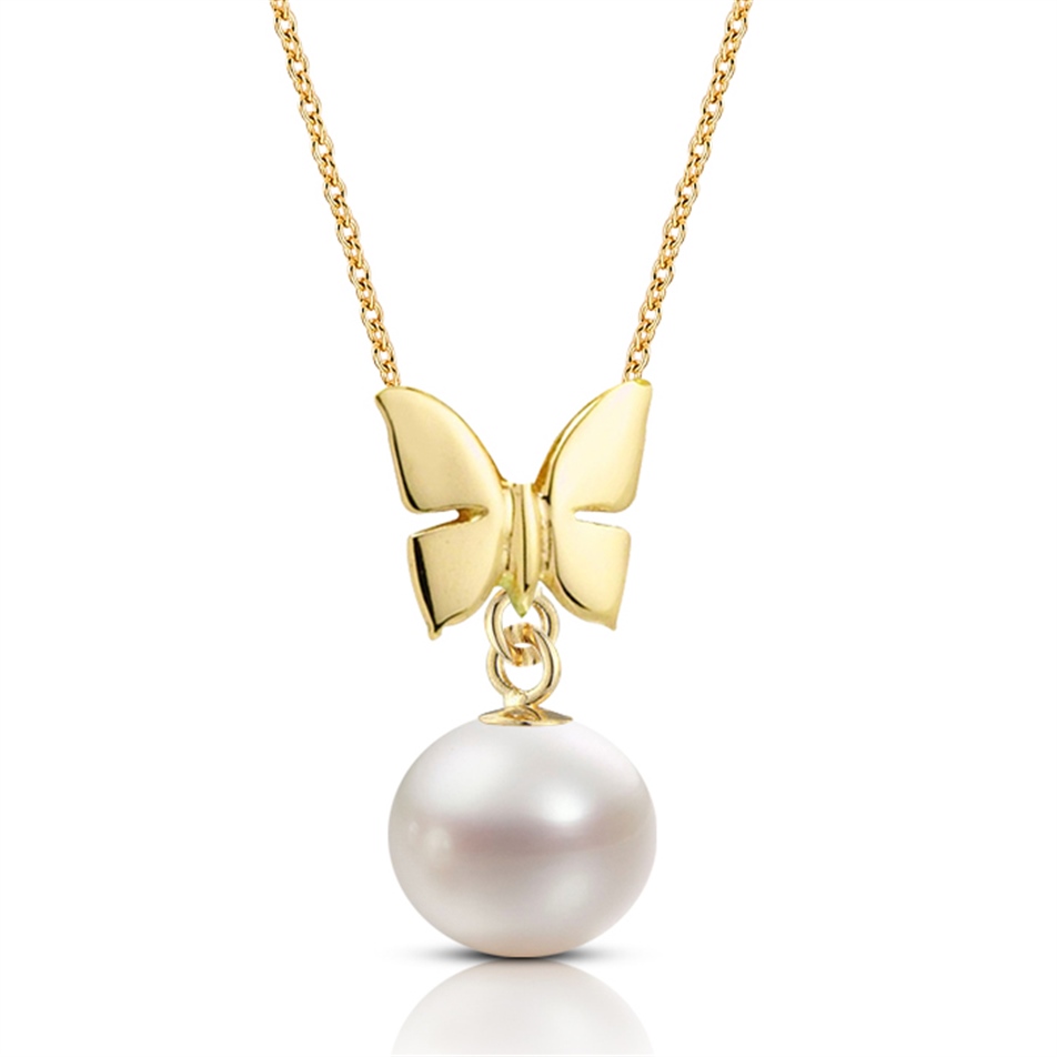 Solid Gold Butterfly Pearl Necklace
