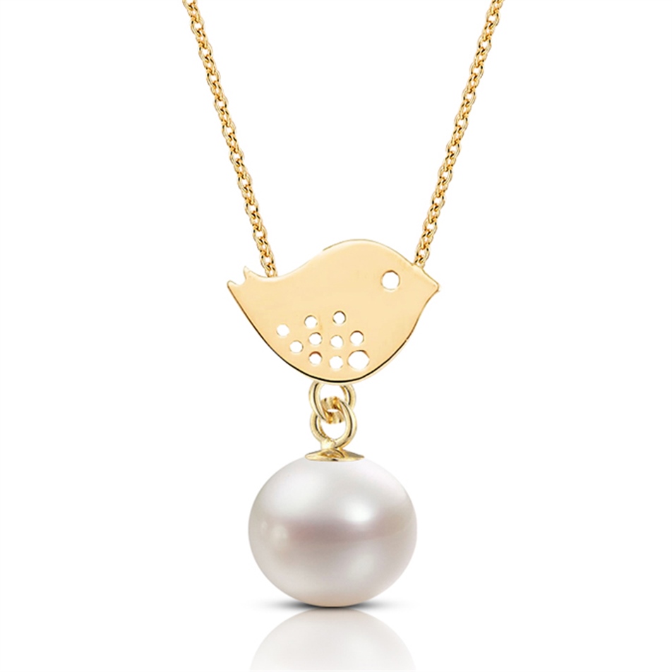Solid Gold Bird Pearl Necklace