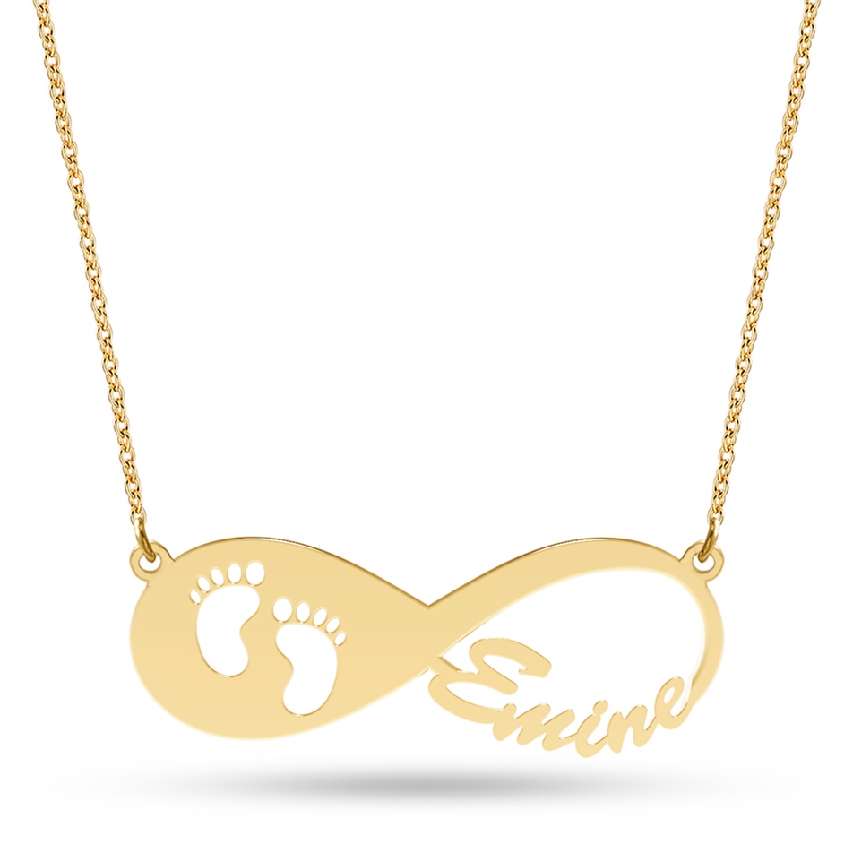 Solid Gold Name Infinity, Baby Footprint Necklace