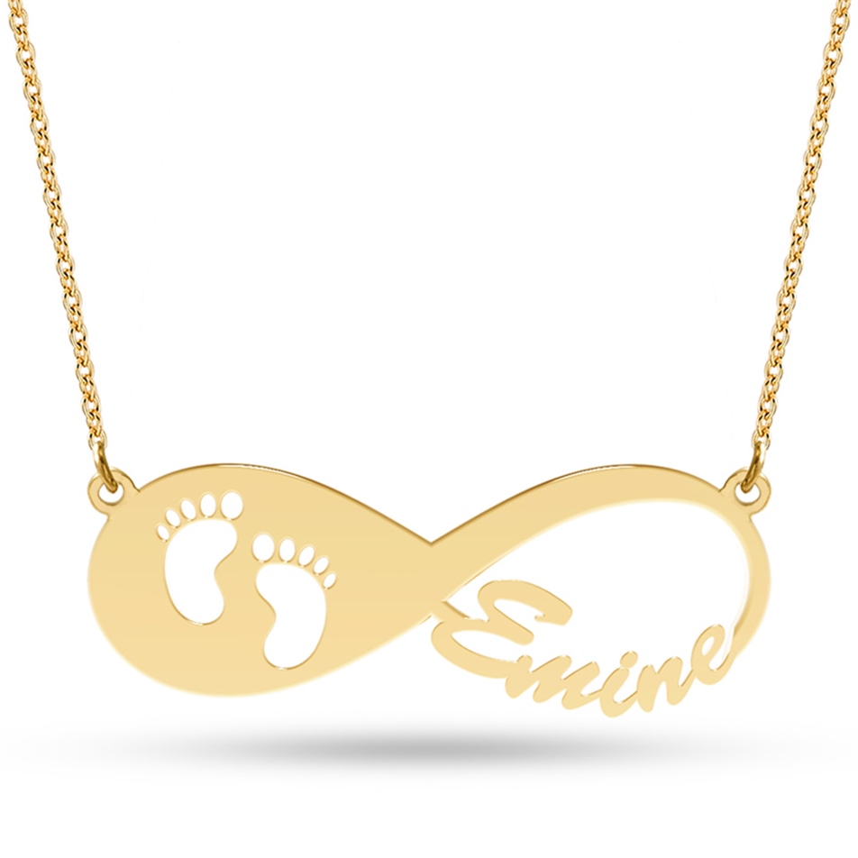 Solid Gold Name Infinity, Baby Footprint Necklace