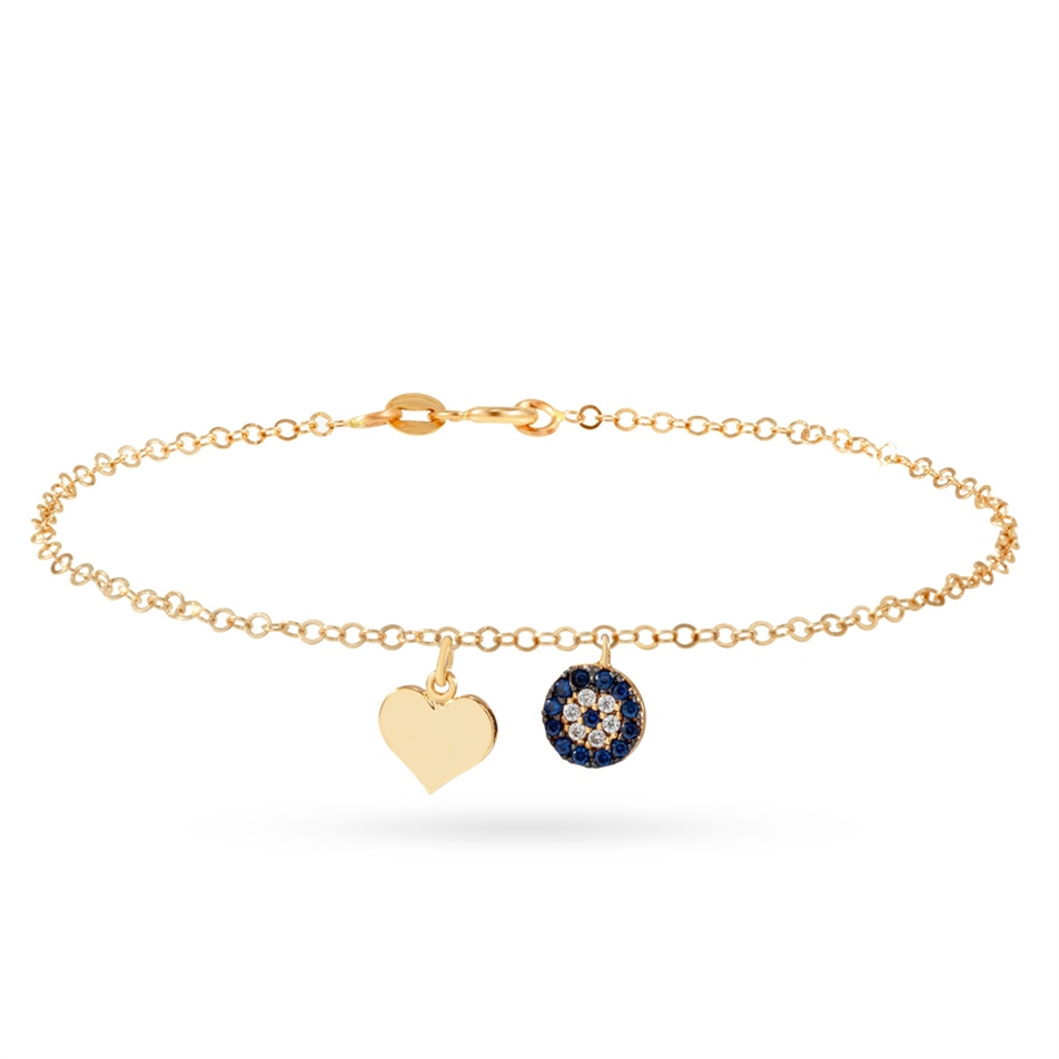 Solid Gold Evil Eye, Heart Bracelet