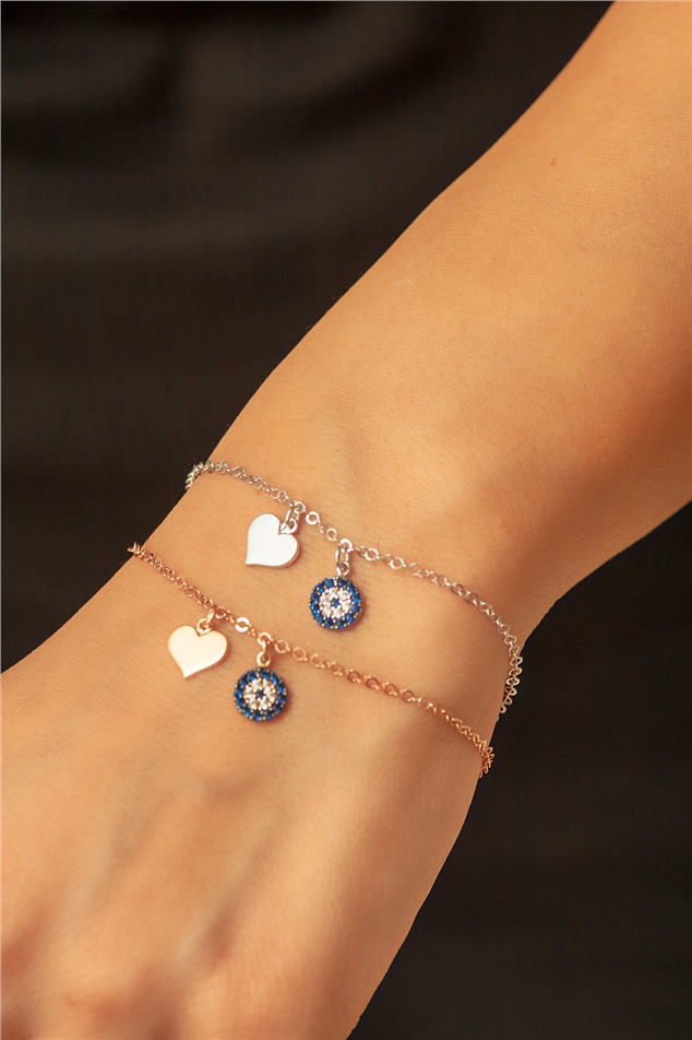 Solid Gold Evil Eye, Heart Bracelet