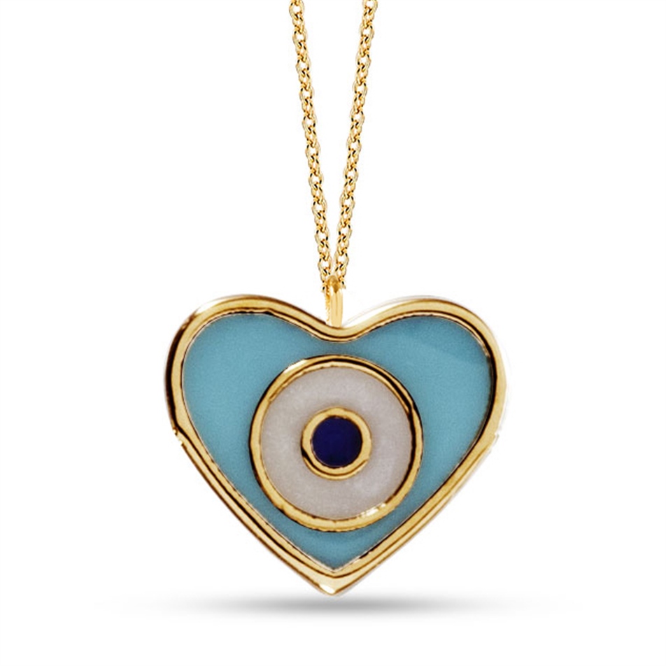 Solid Gold Enamel Evil Eye, Heart Necklace