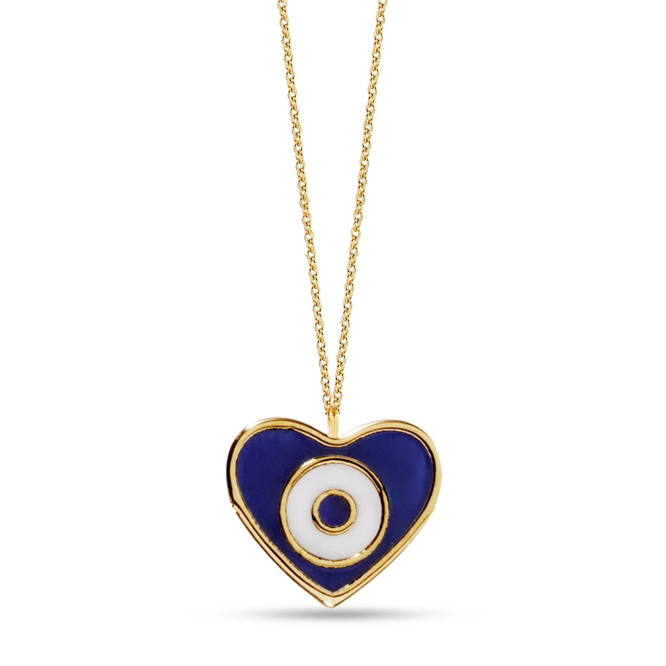 Solid Gold Enamel Evil Eye, Heart Necklace