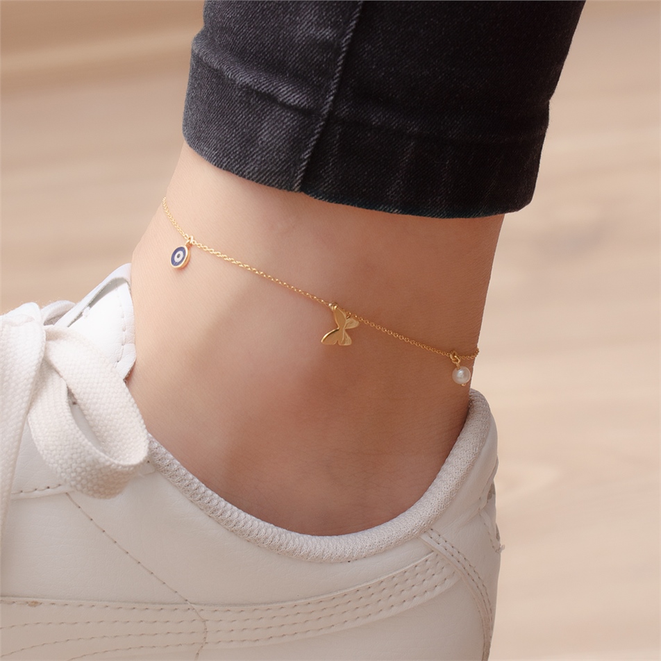 Solid Gold Enamel Evil Eye, Butterfly Pearl Anklet